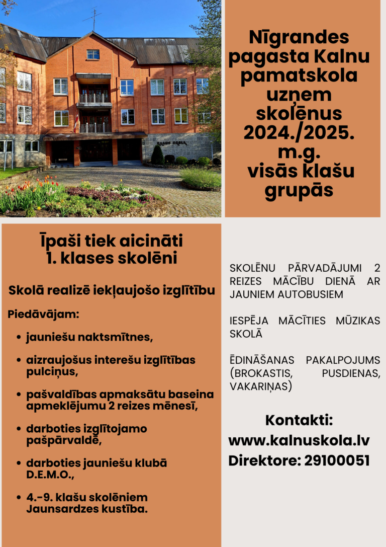 Nīgrandes pagasta Kalnu pamatskola uzņem audzēkņus 2024./2025.m.g.